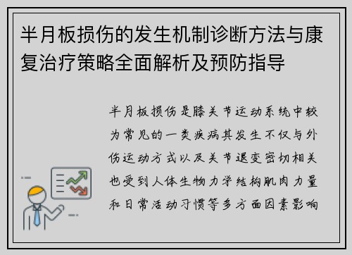 半月板损伤的发生机制诊断方法与康复治疗策略全面解析及预防指导